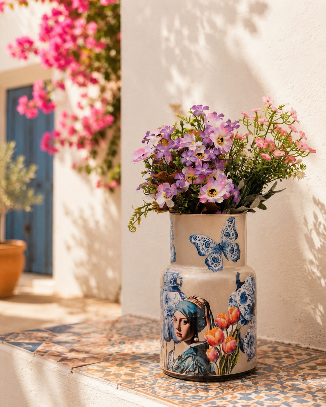 Decoupage vaas met bloemen in mediterrane sfeer