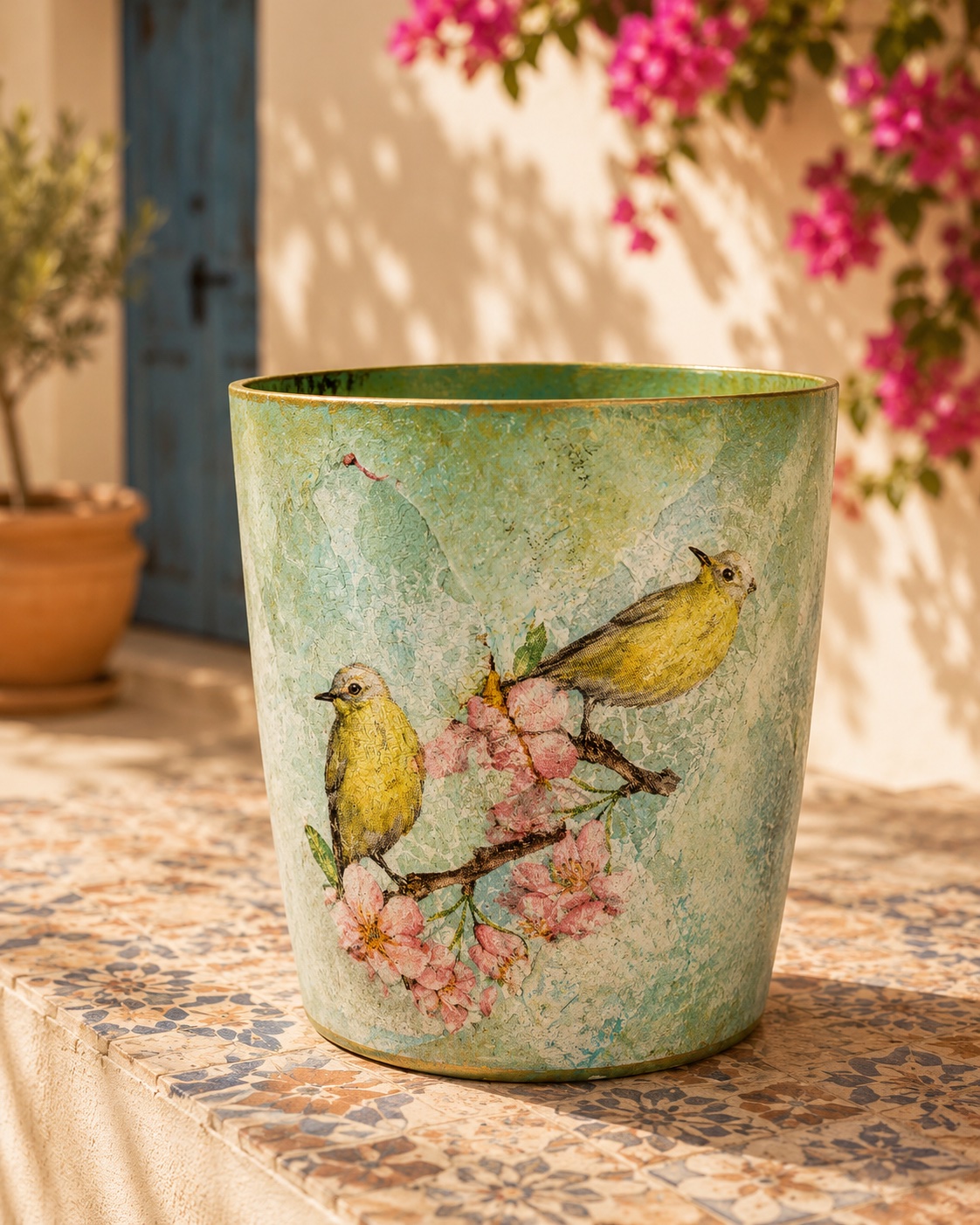 Groene pot met vogels en bloesem